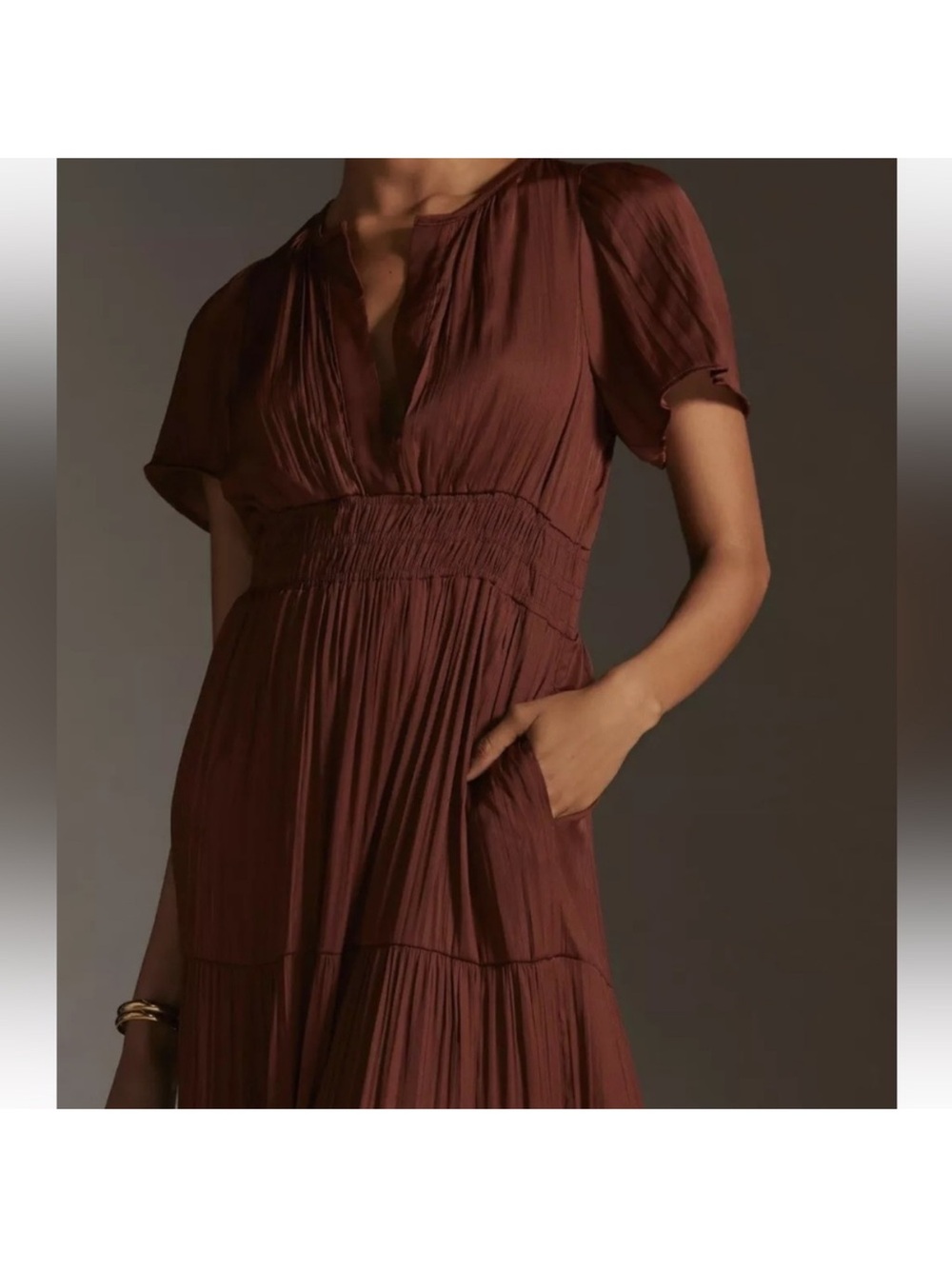 Anthropologie Chocolate Brown V-Neck Tiered Midi Dress - Picture 3 of 4